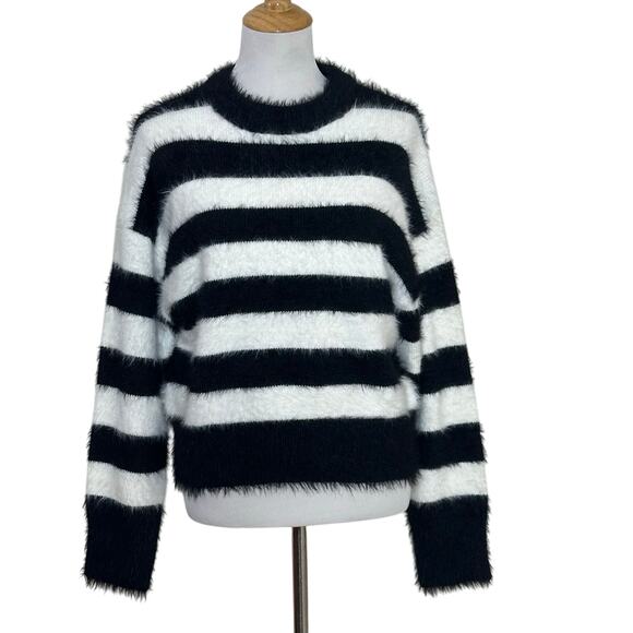 a new day Sweaters - A new day Striped Black and White Fuzzy Sweater Sz M NWT